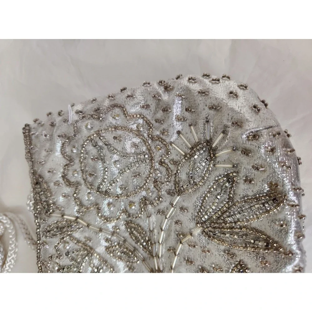 Vintage Valerie Stevens Silver Hand-Beaded Evening Bag‎ Braided Strap 8